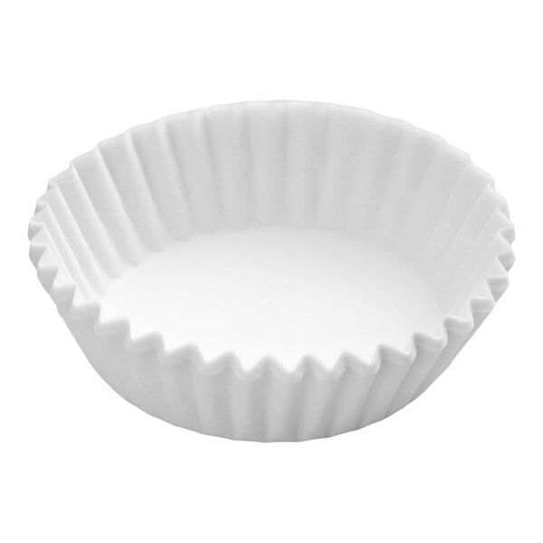 A white, fluted paper cup with a round base and pleated sides, typically used for baking or holding candies.