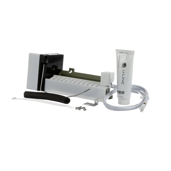 A white U-Line ice machine bin with a white tube and wires.