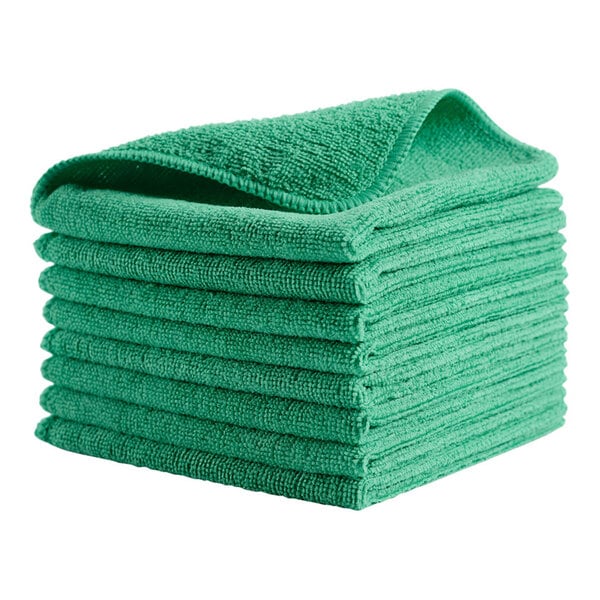 A stack of green Rubbermaid HYGEN microfiber cloths.