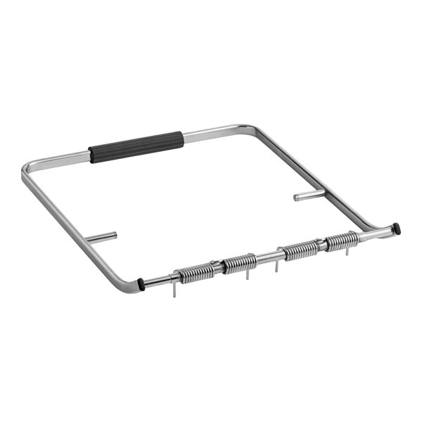 A square metal frame with a black grip handle and several coiled springs attached to one side.