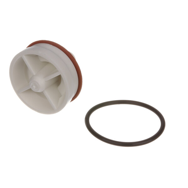A white plastic wheel with a black rubber seal.