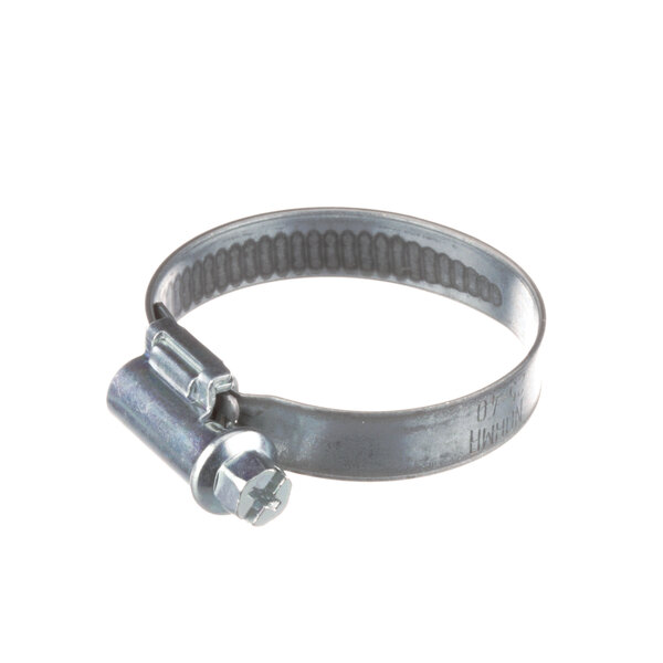 A close-up of a Wascomat metal hose clamp with a bolt on it.