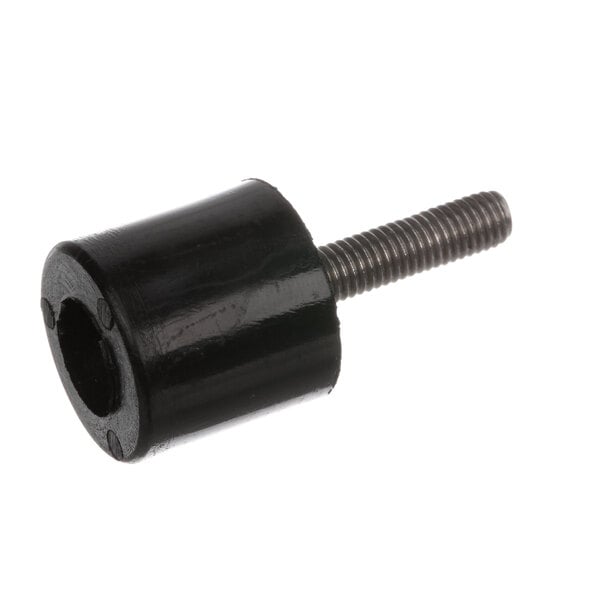 A black plastic screw with a nut on a black metal tube.