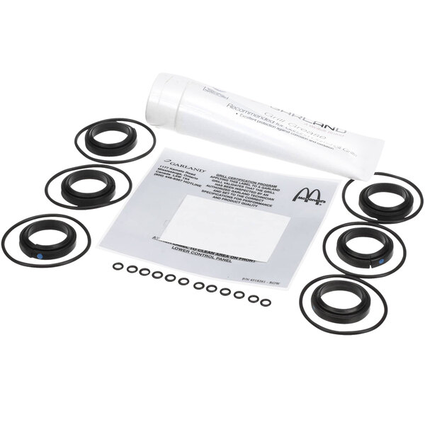 A white plastic tube holding three black Viton gaskets with blue dots.