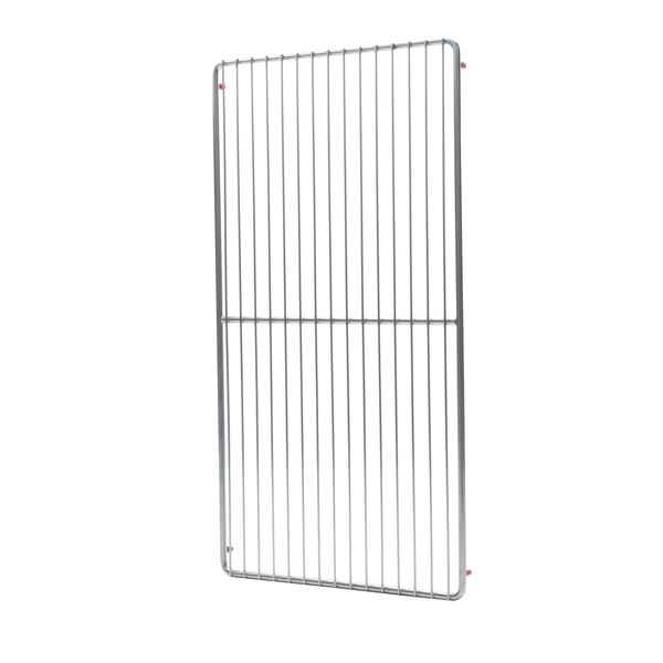 A white metal wire shelf for a Delfield prep refrigerator with red buttons.