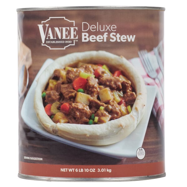 A large can of Vanee Deluxe Beef Stew.