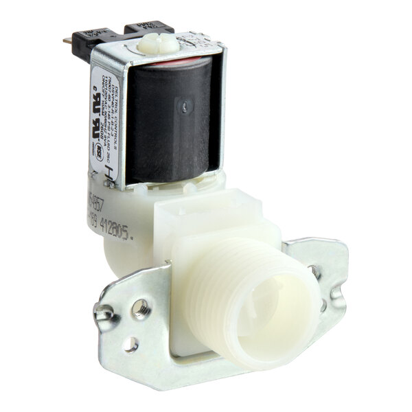 A metal and plastic solenoid valve with an electrical coil on top and a threaded white plastic inlet, mounted on a metal bracket.
