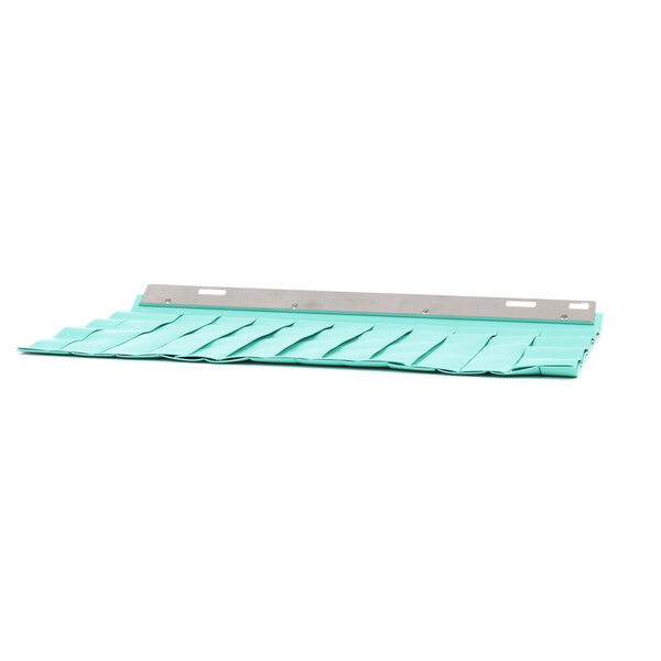 A green plastic tray with a metal handle.