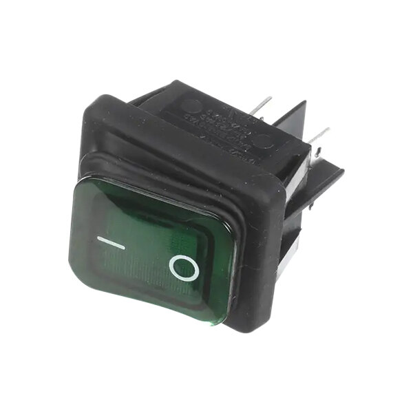 A green Cretors rocker switch with white text on it.