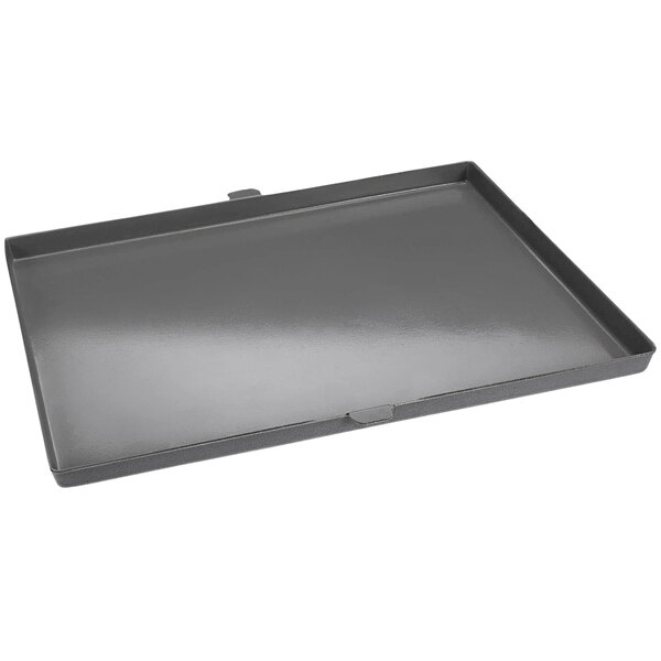 A large rectangular gray tray with a black lid.