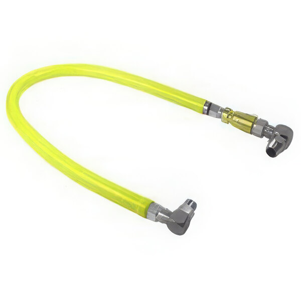 A yellow hose with two metal fittings and a black tip.