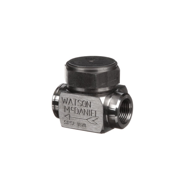 A close-up of a black and silver Insinger D2102 metal steam trap valve.