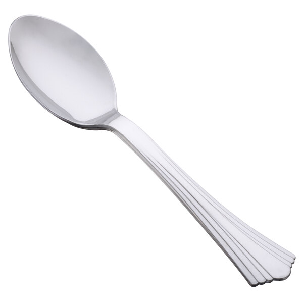 A close-up of a WNA Comet stainless steel look plastic spoon with a handle on a white background.