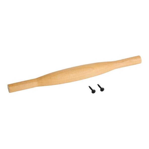 A wooden handle with a tapered design, shown with two screws.