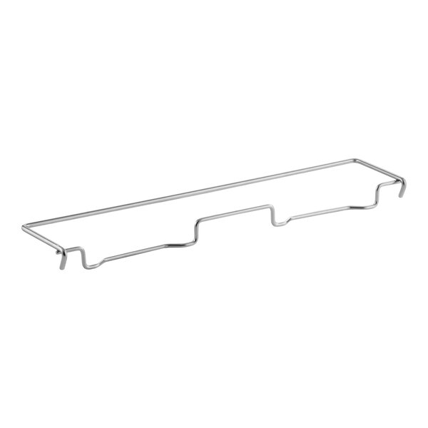 A metal wire rack with a rectangular shape and several bends along its length, likely designed to hold or support trays.