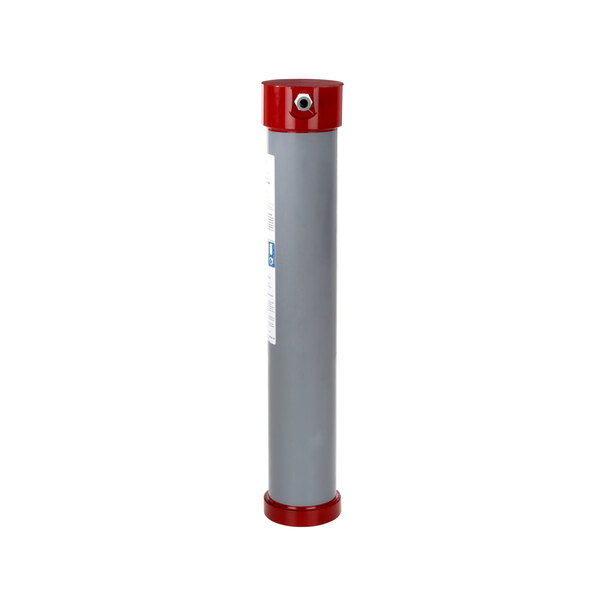 A grey water filtration cylinder with red caps.