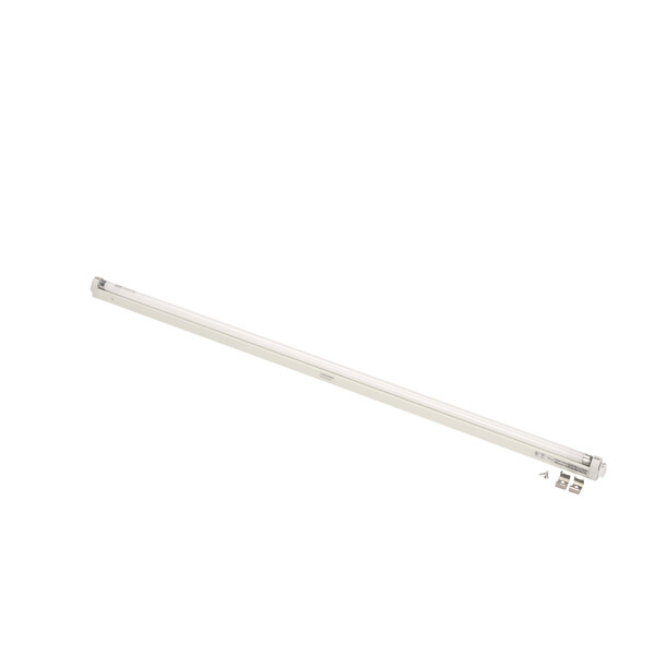 A white metal light fixture with a long white light bar.