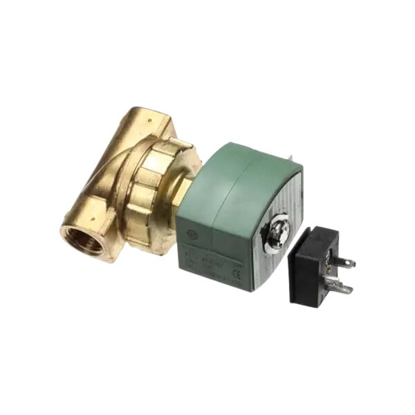 A close-up of a brass Alliance Laundry valve with a green plug and black wire.