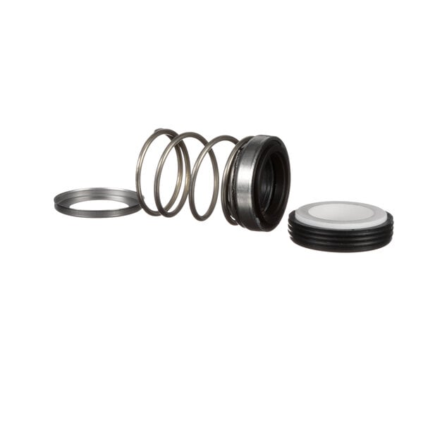 A black rubber seal and metal ring with a spring on a white background.