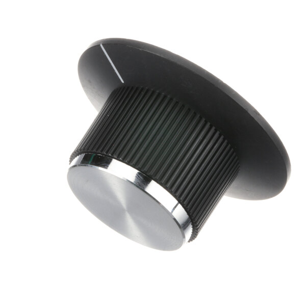 A close-up of a black and silver Royalton roast knob.
