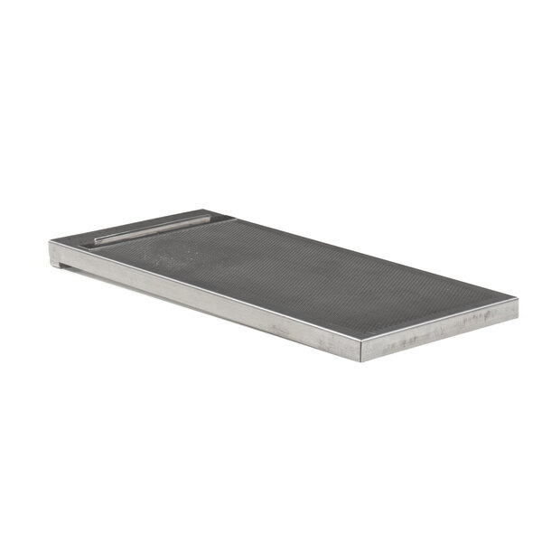 A stainless steel plate with a metal handle.