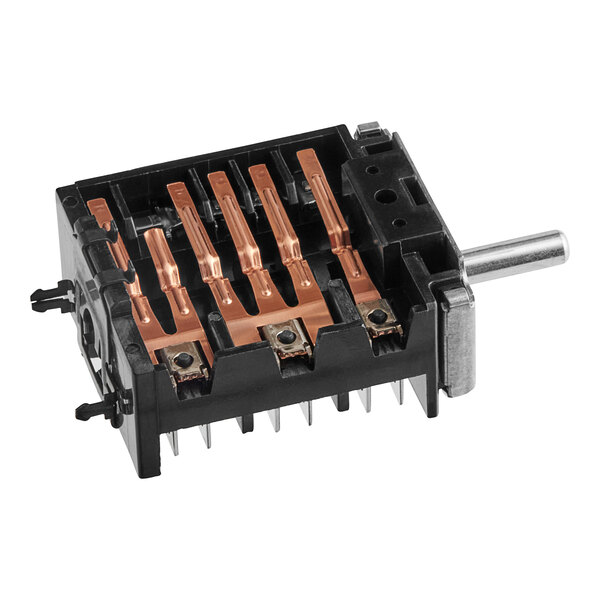 A black and copper Vollrath switch assembly with two copper wires.