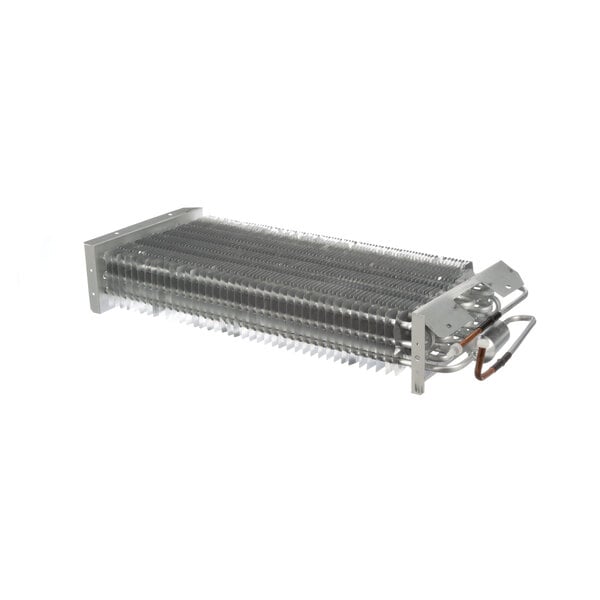 A close-up of a Maxx Cold evaporator coil, a metal heat exchanger.