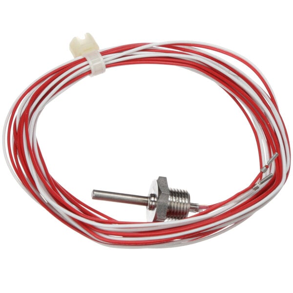 A red and white wire with a metal connector on the end.