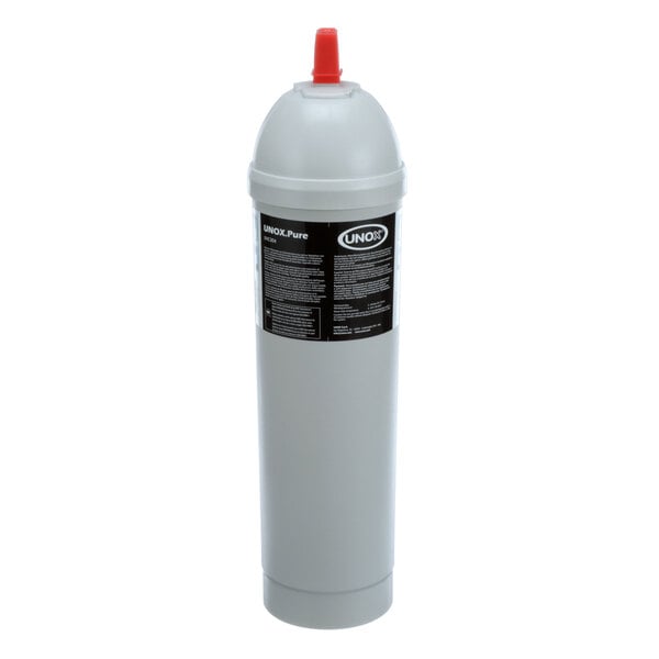 A grey Unox water filter with a red handle.