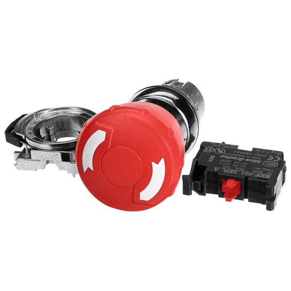 A red Vollrath XMIX4009 switch with a white circle on it next to a black object.