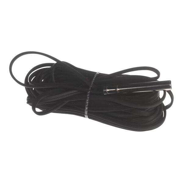 A long black temperature probe with a metal tip and an extended cable, coiled for storage.