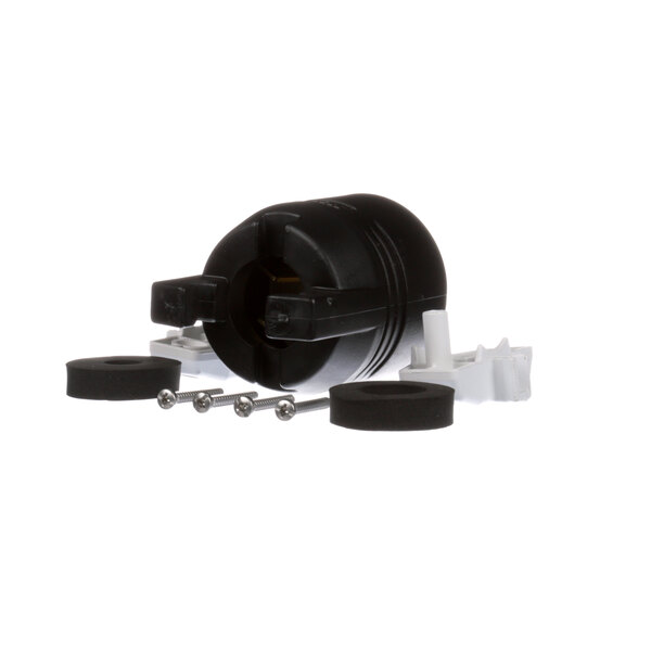 A black Hubbell plug with round and flat prongs.