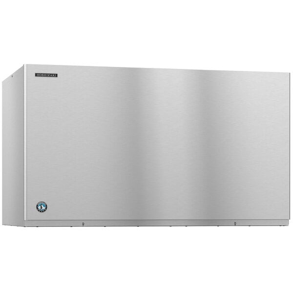 A stainless steel Hoshizaki water cooled ice machine with a logo.