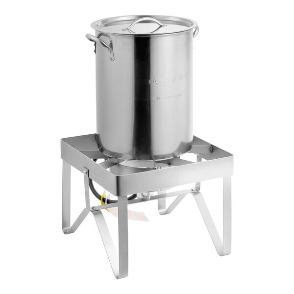 A stainless steel 30-quart turkey fryer and seafood boiler kit with a sturdy stand and lid.