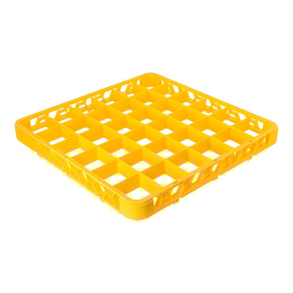 A yellow plastic glass rack extender with 36 compartments for dishwashing or storage.