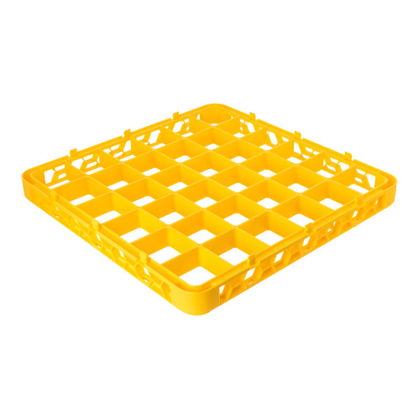A yellow plastic glass rack extender with 36 compartments for dishwashing or storage.