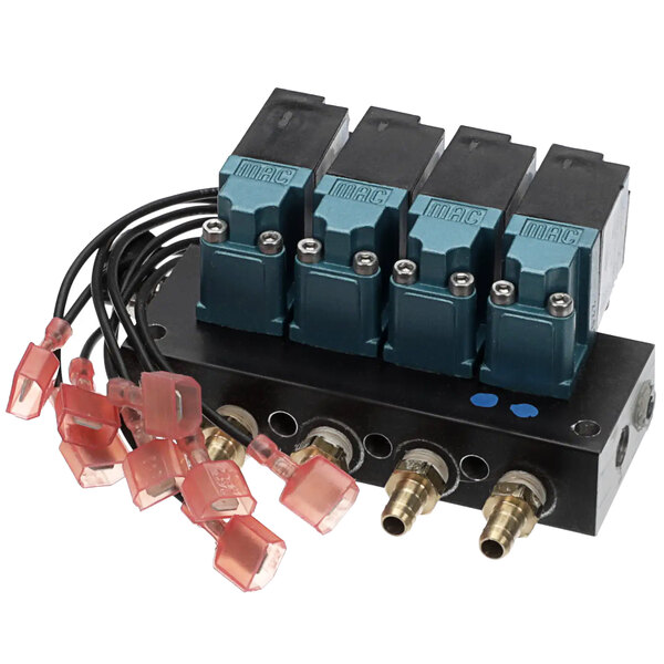 A close-up of a blue and black device with wires and connectors.