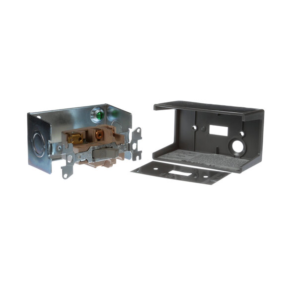 A black plastic case with holes holding a metal box.