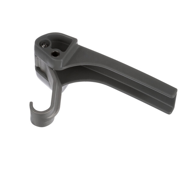 A black and grey plastic Robot Coupe Arm Assy with a metal hook and holes.