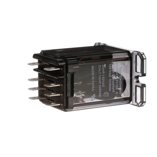 A black Jackson relay with clear plastic cover over two wires and a screw.