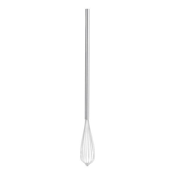 A Carlisle Sparta stainless steel whisk with a long metal handle.