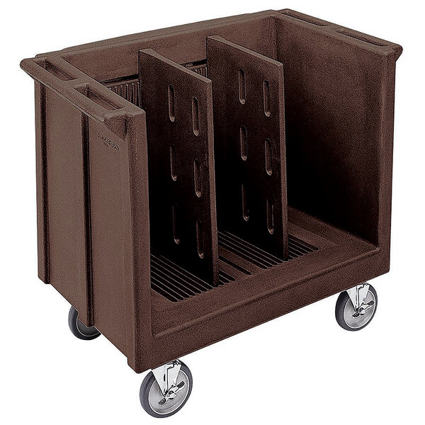 A dark brown plastic Cambro dish cart with wheels.