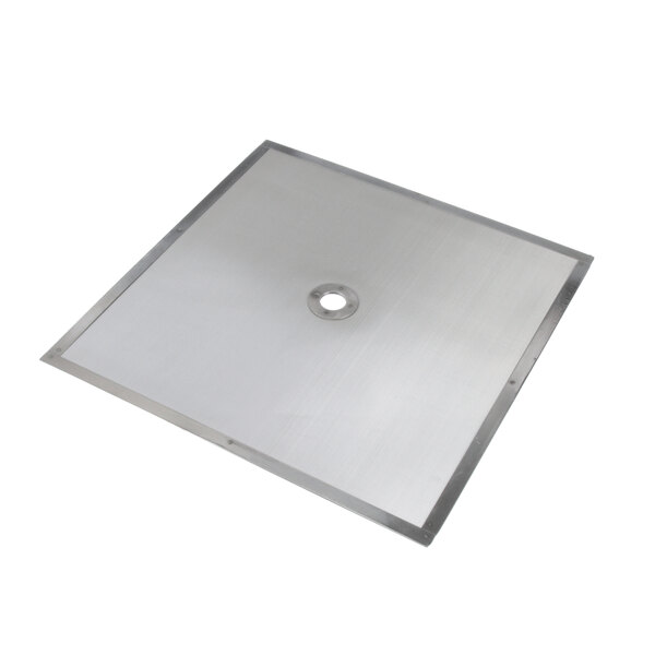 A silver square plate with a hole in the center.