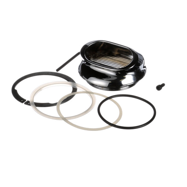 A close-up of a black and silver metal nozzle with rubber seals.