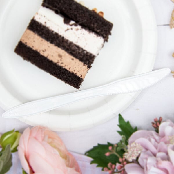 A white medium weight plastic knife placed on a white paper plate next to a slice of layered chocolate cake.