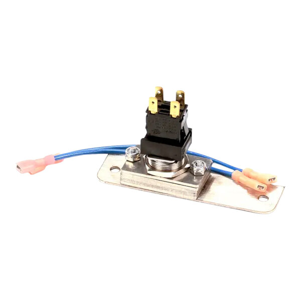 A metal mounting plate with an attached electrical switch and two blue wires with pink connectors.