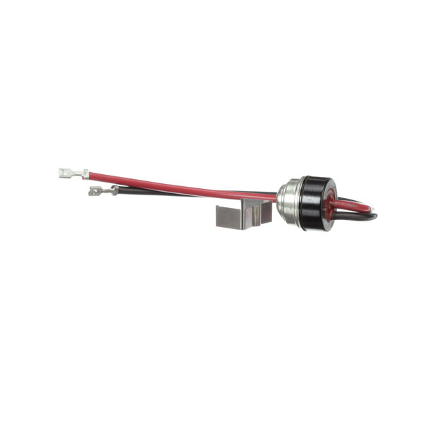 A Hussmann defrost termination with a red and black wire and a red connector.