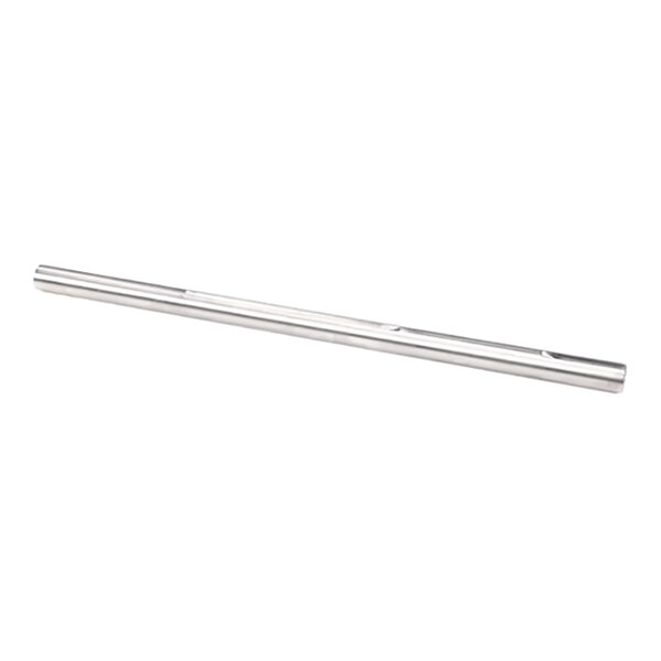 A long, cylindrical metallic shaft with a smooth, reflective surface and a few shallow grooves along its length.