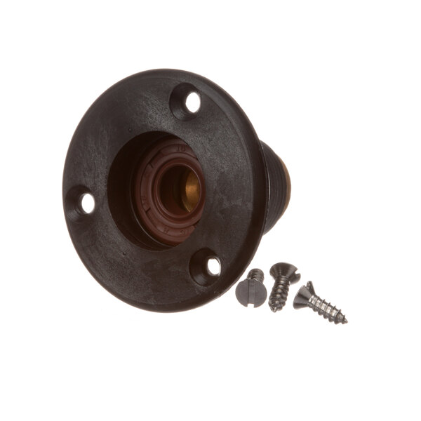 A close-up of a black plastic Dynamic Mixers lower bearing assembly with screws.