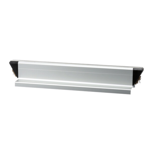 A white metal rectangular shelf with black metal corners and a black metal handle.